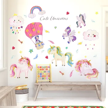 Tegnefilm Rainbow Unicorn Skyer engelsk Klistermærker børneværelse Soveværelse Børnehaven Hjem Wall Stickers vægdekoration