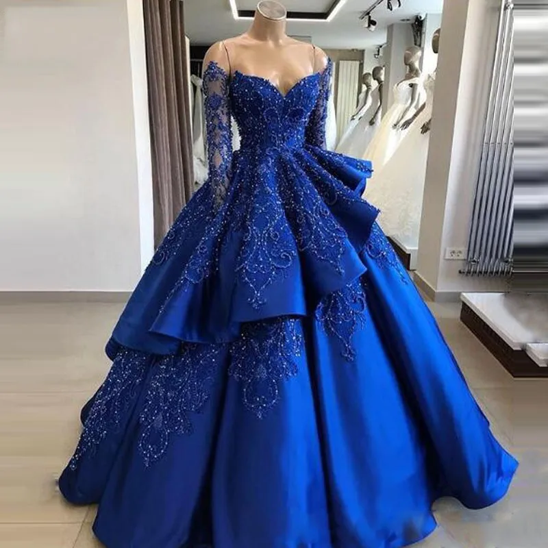 Rabat Muslimske dubai bolden kjole lange ærmer royal blå aften kjoler lange 2019 luksus sweetheart smarte galla fest kjole / Bryllupper & Arrangementer < www.dreslette.dk