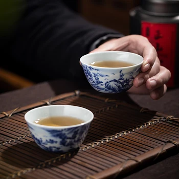Ovnen enkelt kop Jingdezhen kungfu kop te hånd malet chaiyao blå og hvide farver og udsøgte landskab jar kop te kop