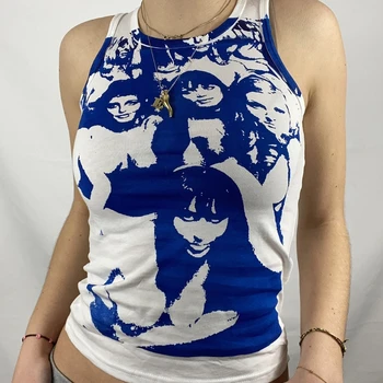 Kvinder Gotisk Punk Ærmeløs Afgrøde Top Harajuku Hip Hop Blæk Portræt Grafisk Print Slim Vest Sommeren Bodycon Shirts