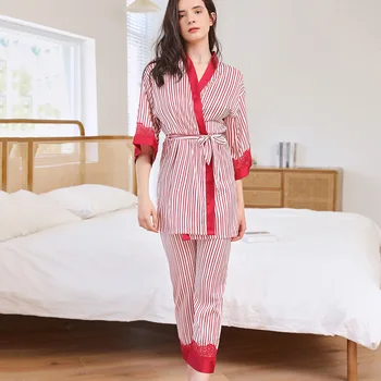 3PCS Pyjamas Sæt Stribet Kvinder Satin Nattøj Morgenkåbe Sommeren Nye Intime Lingeri Lace Nattøj Kimono Kjole Lounge Wear