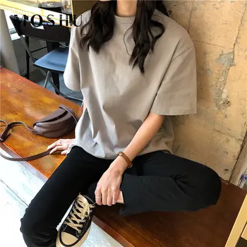 Sommer T-Shirt Til Kvinder Overdimensionerede Koreansk Stil Simpel Solid O-Hals Bomuld Tee Grundlæggende Harajuku Tshirt Camisetas Verano Mujer 2021