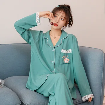 Blonder Viscose Patchwork 2STK Pyjamas, der Passer Blød langærmet Kvinder Sover Sæt 2021 Nye Nattøj Button-down Grønne Loungewear
