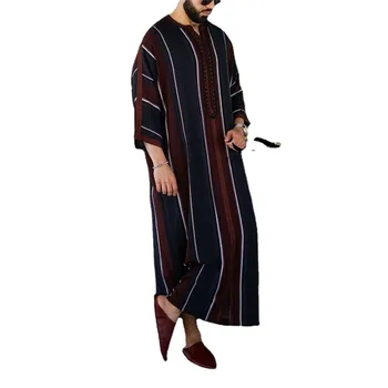 Mænd 2021 Eid Ramadan Abaya Dubai Kaftan Pakistan Foråret Efteråret Casual Løs Robe Muslimske Mode Vintage Stribe Islamisk Tøj