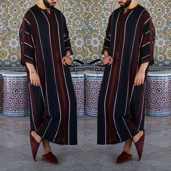 Mænd 2021 Eid Ramadan Abaya Dubai Kaftan Pakistan Foråret Efteråret Casual Løs Robe Muslimske Mode Vintage Stribe Islamisk Tøj
