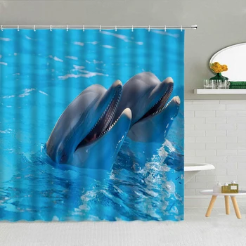 Vandtæt 3D-Print Ocean Delfiner Lotus boltrer sig Polyester Stof Badekar Indretning Med Kroge af Høj Kvalitet, Badekar Skærm