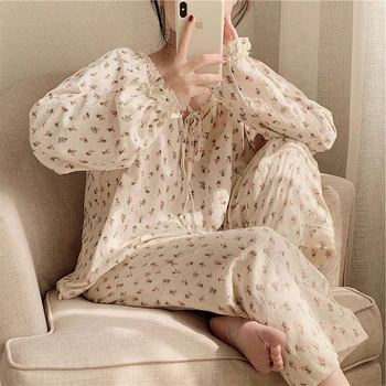 Net Røde Pyjamas Kvinder Løs Nattøj I Bomuld Søde Blomstermotiver Gratis At Matche Tøj Hjem Nye Casual Pijamas Kvinder Nattøj
