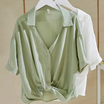 Hvid V-hals, Korte Ærmer Shirt Kvinder 2021 Sommeren Nye Elegante koreanske Version Løs Slank Knyttede Shirt bedste Kvindelige JD1258