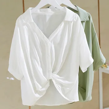 Hvid V-hals, Korte Ærmer Shirt Kvinder 2021 Sommeren Nye Elegante koreanske Version Løs Slank Knyttede Shirt bedste Kvindelige JD1258