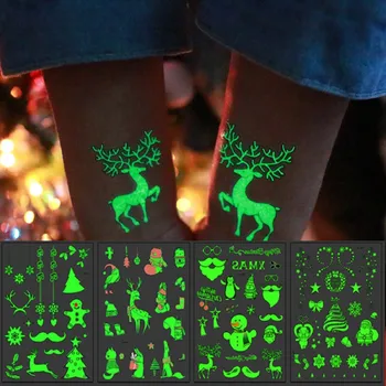 Jul Skinnende Lysende Midlertidige Tattoo Klistermærker Santa Claus Snefnug, Der Gløder I Mørke For Kids Xmas Gaver Party Dekorationer