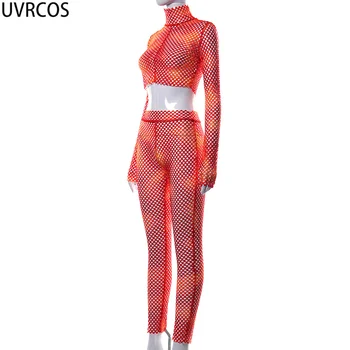 UVRCOS Kvinders Træningsdragt Tie Dye Mesh Hul Sommeren Activewear 2021 Nye Stå Hals, Korte Toppe Og Elastisk Lange Bukser, To-delt Sæt