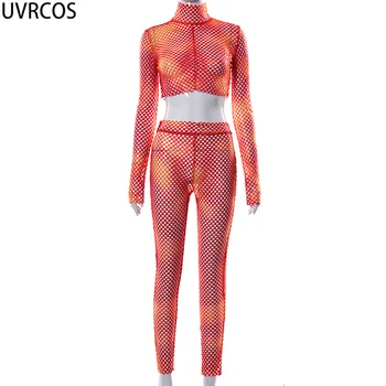 UVRCOS Kvinders Træningsdragt Tie Dye Mesh Hul Sommeren Activewear 2021 Nye Stå Hals, Korte Toppe Og Elastisk Lange Bukser, To-delt Sæt
