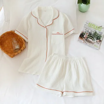 Japansk sommer par pyjamas, der passer bomuldscrepe damer solid farve simple kort-langærmet shirt, shorts pyjamas til mænd hjem service