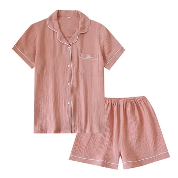 Japansk sommer par pyjamas, der passer bomuldscrepe damer solid farve simple kort-langærmet shirt, shorts pyjamas til mænd hjem service