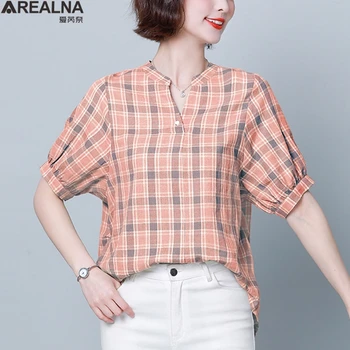 Nye Casual Orange og grøn Plaid Kvinder Bluser koreansk mode V-hals Shirts kvinder casual Løs camisa Toppe om sommeren 4XL Plus Størrelse