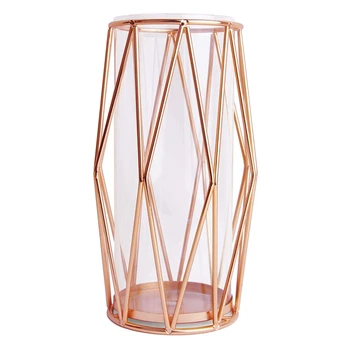 Vase Dekorationer til Stue Glas Vase med Metal-Rack Stå, Vaser til Bryllup Hjem Kontor-Rose Gold (11 tommer)