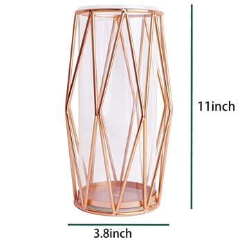 Vase Dekorationer til Stue Glas Vase med Metal-Rack Stå, Vaser til Bryllup Hjem Kontor-Rose Gold (11 tommer)