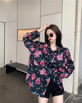 Vintage Blomster Kvinde, Bluser, Shirts koreansk Mode Enkelt Breasted Falde Toppe, Skjorter, Lange Ærmer Oversize Skjorte YOU827