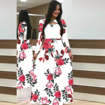 Plus Size Kvinder Kjole 2020 Efteråret Afslappet Boheme Blomster Print Maxi Kjoler Mode Elegant Hule Ud Tunika Lang Kjole Vestidos