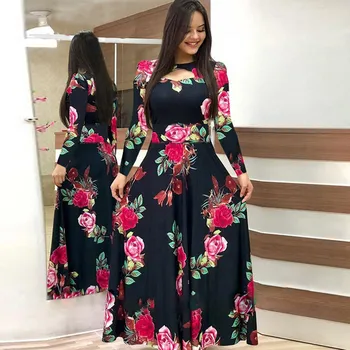 Plus Size Kvinder Kjole 2020 Efteråret Afslappet Boheme Blomster Print Maxi Kjoler Mode Elegant Hule Ud Tunika Lang Kjole Vestidos