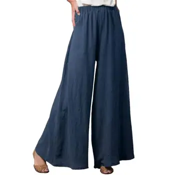 2021 Nyeste Sommeren Kvinder Bukser Midt Stige Solid Farve Bred Ben Elastisk Talje Lange Bukser Bukser til Kontor Kvinder tøj xxxl