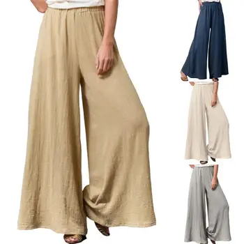 2021 Nyeste Sommeren Kvinder Bukser Midt Stige Solid Farve Bred Ben Elastisk Talje Lange Bukser Bukser til Kontor Kvinder tøj xxxl