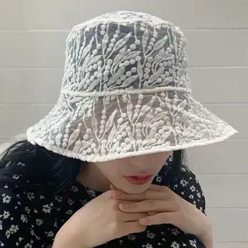 Japanske Kvinder Sommeren Floppy Bucket Hat Sød Broderi Efterlader Blonder Sort Hvid Wide Brim Solcreme Ferie-Stranden Og Cap