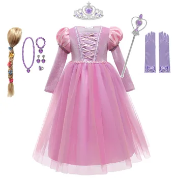 Piger Rapunzel Dress Børn Sammenfiltrede Fancy Prinsesse Kostume Halloween Forklædning Barn Sovende Skønhed Cosplay Sofia Satin Bolden Kjole