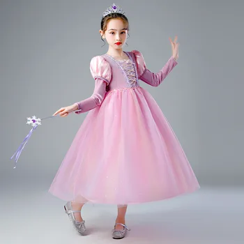 Piger Rapunzel Dress Børn Sammenfiltrede Fancy Prinsesse Kostume Halloween Forklædning Barn Sovende Skønhed Cosplay Sofia Satin Bolden Kjole