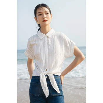 INMAN Sommeren Kvinder Hvid Bluse Revers Lodrette Striber Bue-Knude Binde Taljen Slank Solid Farve koreansk Stil kortærmet Skjorte