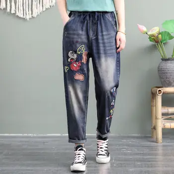 Jeans Kvinder 's Vintage Patch Efteråret Elastik i Taljen Afslappet Stor Størrelse Broderet Nødlidende Harem Bukser