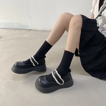 Japan Mary Jane Tykke Såler Velcro Black Ladies Lille Læder Sko Kvinder Forår Og Efterår Hot Salg College Stil Enkelt Sko.