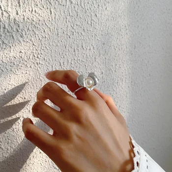 Ægte 925 Sterling Sølv Smykker Pearl i Blomst Ring Justere Smykker TL J1636