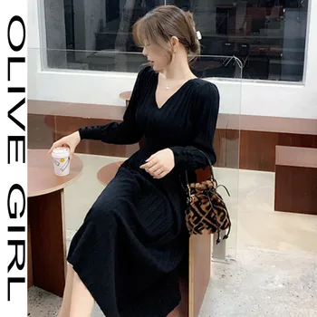 Afslappet Slank Japansk koreansk Elegant Strikket Kjole Kvinder om Vinteren Retro Kontor Sweater Kjole Kvindelige Ét stykke Klæde Kvinder 2020 Ny