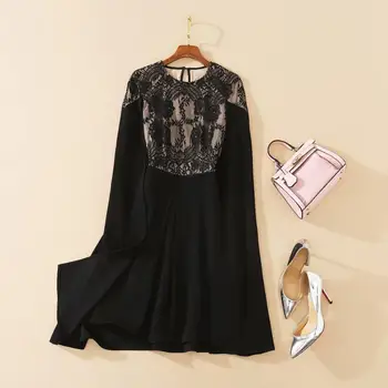 Kvinders Europæiske og Amerikanske tøj 2021 sommeren nye stil Bud silke Runde krave Mode cape black dress