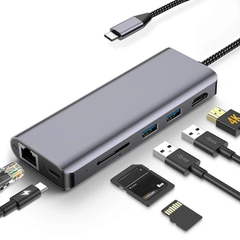 TYPE-C 7-I-1-Dockingstation til Gigabit RJ45 HDMI-Kompatibel, USB, SD/TF Kort Læser Velegnet til Alle USB-C-Enheder, PC