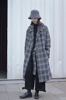 SKÆR ÆRA Vinter Varm Yamamoto Mørke Vind Yohji Niche Design Side Rem Profil Uldne Plaid Pels Lange Afsnit Femme Outwear