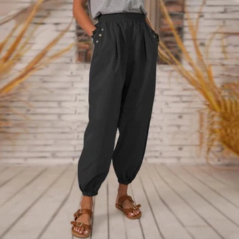 Rabat Hør midten af taljen kvinder vintage løse bukser grå ankel længde plus size 2021 sommer efterår streetwear sporty bukser / Bunde < www.dreslette.dk