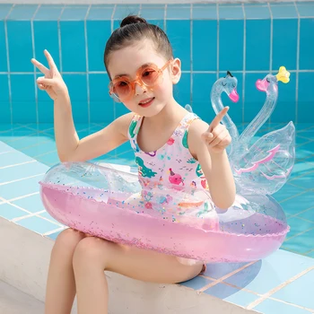 PVC Swan Mønster Svømning Ring Girls Cute Sequined 3D Swan Oppustelige Pool Flydende Tegnefilm Svømme Cirkel Swimming Pool Party Toy
