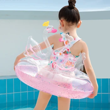 PVC Swan Mønster Svømning Ring Girls Cute Sequined 3D Swan Oppustelige Pool Flydende Tegnefilm Svømme Cirkel Swimming Pool Party Toy