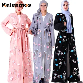 KALENMOS Dubai Arabiske Åbne Abaya Kvinder, Muslimske Lang Kjole Broderet Blomster Maix Hijab Kjole Lace-up Islamisk Tøj Kaftan Kimono