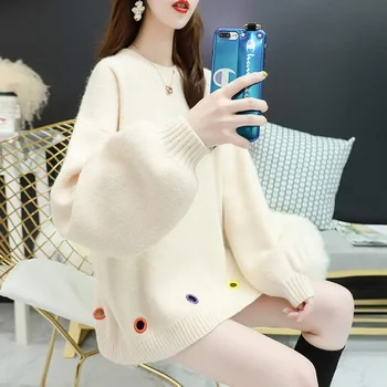 2021 Efteråret Kvinder Sweater Mode koreanske O-Hals Lange Ærmer Strikket Pullover, Casual Løs Søde Tyk Sweater Kvinder
