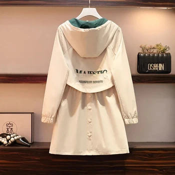 Afslappet Slank Talje hoodie trench coat Kvinder Fashion Street Oversize midi-jakker koreansk stil Efteråret Brev udskrivning outwear