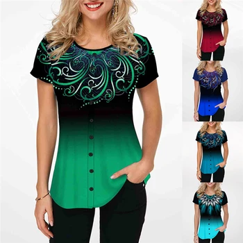 Plus Størrelse 2XL Skjorte Bluse Kvindelige 2021 Spring Nye Toppe V-Hals Halvt Ærme Blonde Splejse Print Boho Kvinder Shirt