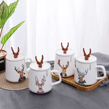 2020 Nye Design Instagram Stil Nordiske Elg Horn Dyr Form Keramik Krus med låg Og Krus på Kontoret eller i Hjemmet, der Anvendes