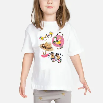 Baby Piger T shirt Børn Tegnefilm Mønster Print T-shirts 2019 Sommer Tøj Barn O-Hals Hvid Camiseta 2 til 9 År Barn Toppe