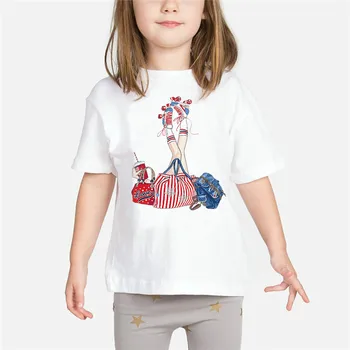 Baby Piger T shirt Børn Tegnefilm Mønster Print T-shirts 2019 Sommer Tøj Barn O-Hals Hvid Camiseta 2 til 9 År Barn Toppe