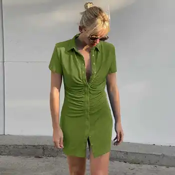 Sommeren Mini-Bodycon Dress Kvinder Grøn Blå Club Party Dress-Knappen Sexet Korte Kjoler Kvindelige Elegante Streetwear Shirt Vestidos