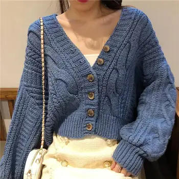 Efterår og Vinter Korean Style Retro V-hals Seks Knappen Cardigan Kort Top Women ' s Knit Sweater Løs fransk Doven Vind Bære