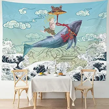 Dejlig Ukiyo Kat Cool Funny Japansk Hippie Ocean Blue Gobelin Hjem Indretning Stue, Sovesal Uden